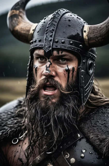 A close-up shot of a fierce Viking King, covered in dripping wet black mud, wearing a dark metal helmet with imposing black horns. His dark warpaint and scruffy black beard emphasize his angry expression, while a scar on his face tells a story of battles fought. The scene is bathed in cinematic lighting with dramatic volumetric rays, creating a moody and intense atmosphere. The Viking King grips his menacing Viking Axe