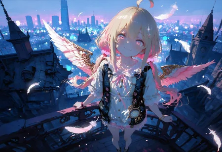 ((standing,smile,negative space:1.5))
1 girl, short and petite,(waist length hair:0.9), (straight hair:0.8),blonde hair, (vibrant pink accents hair:1.1),fair skin,pink eyes, (sparkling eyes:1.1),ahoge,small wings ,floating feathers,(twintails:1.3)
(Modern Casual outfit:1.3),(modern city architecture:1.5),(skyscraper:1.5)
glimmer, sparkling effects,(anaglyph refraction:1.5,(Bokeh around character:1.3),(character focus:1.2),((dynamic pose:1.4)),((foreshortening:1.6)),((extreme perspective:1.4))
748cmstyle,Cunnystyle,XUER guangying,Smooth_Quality,amazing quality, ((aesthetic:1.3)),(bold lines:1.3),((4k,8k,Ultra HD)),((Masterpiece :1.2)),((Best quality :1.2)),((Detailed :1.5)),((Detailed background :1.5)),