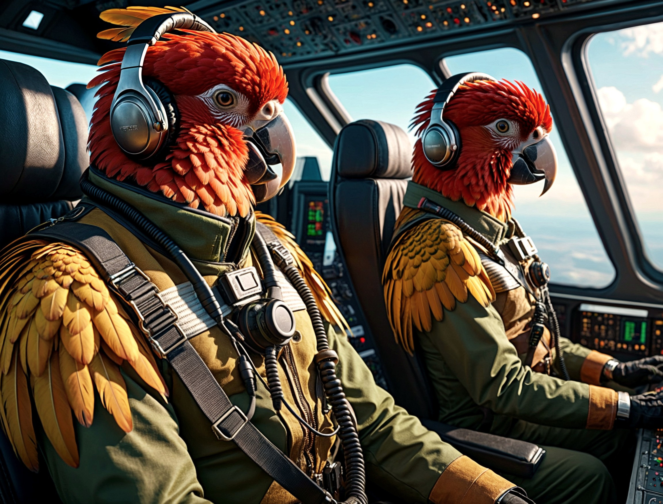 2 humanoid-parrot-pilots in pilot uniforms sitting in a plane cockpit, feathered arms, headsets, headphones, talking to each other, in a business plane, 8k, uhd, insane details, award-winning photo., cinematic, colorful background, concept art, 8k, dramatic lighting, high detail, highly detailed, hyper realistic, intricate, intricate sharp details, octane render, smooth, studio lighting, trending on artstation., cinematic  photorealistic, 8k uhd natural lighting, raw, rich, intricate details, key visual, atmospheric lighting, 35mm photograph, film, bokeh, professional, 4k, highly detailed . 35mm photograph, film, bokeh, professional, 4k, highly detailed