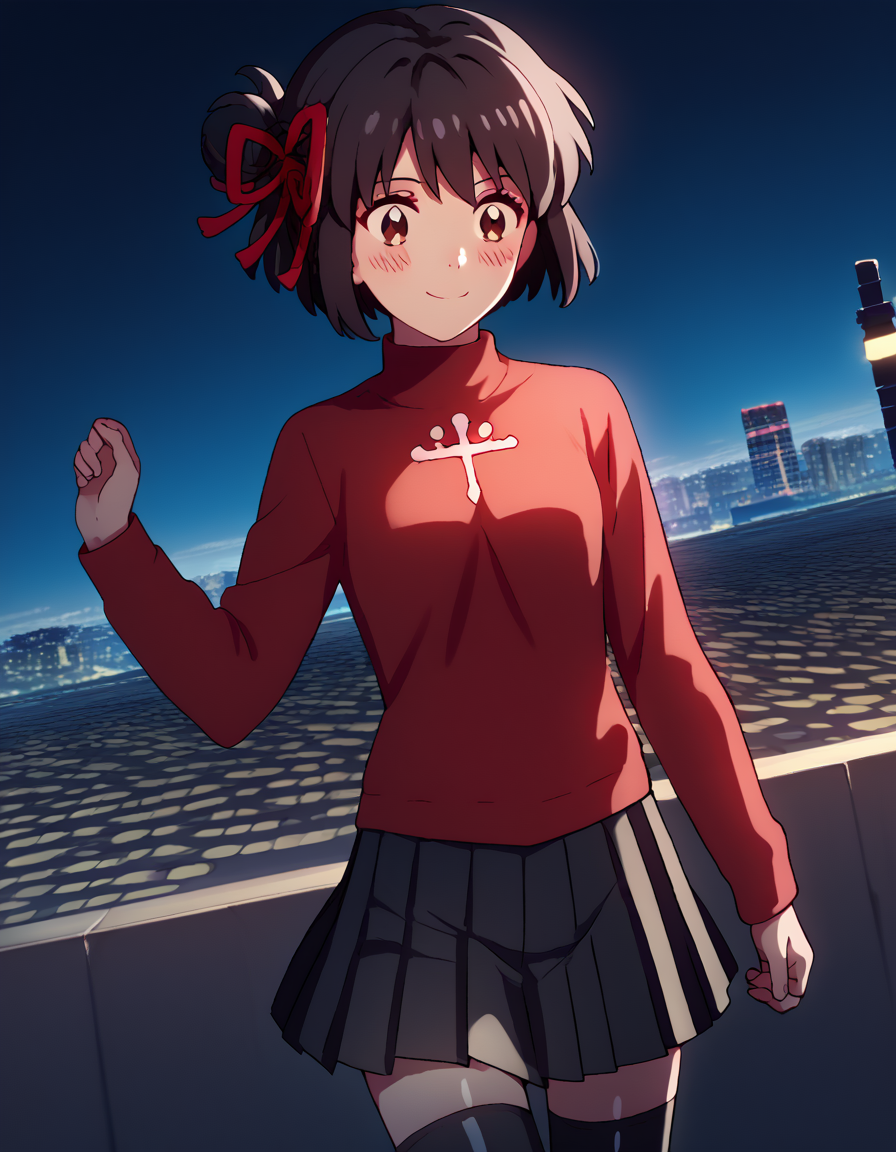 score_9, score_8_up, score_7_up, source_anime, mitsuhamiyamizu, <lora:mitsuha-miyamizu-ponyxl-lora-nochekaiser:1>, mitsuha miyamizu, black hair, brown eyes, short hair, ribbon, hair bun, hair ribbon, red ribbon,, <lora:rin-tohsaka-cosplay-ponyxl-lora-nochekaiser:1>, rintohsakacosplay, tohsaka rin \(cosplay\), black skirt, black thighhighs, long sleeves, miniskirt, pleated skirt, red sweater, skirt, sweater, thighhighs, turtleneck,, cityscape, street, smile, blush,, cowboy shot, dutch angle, solo,