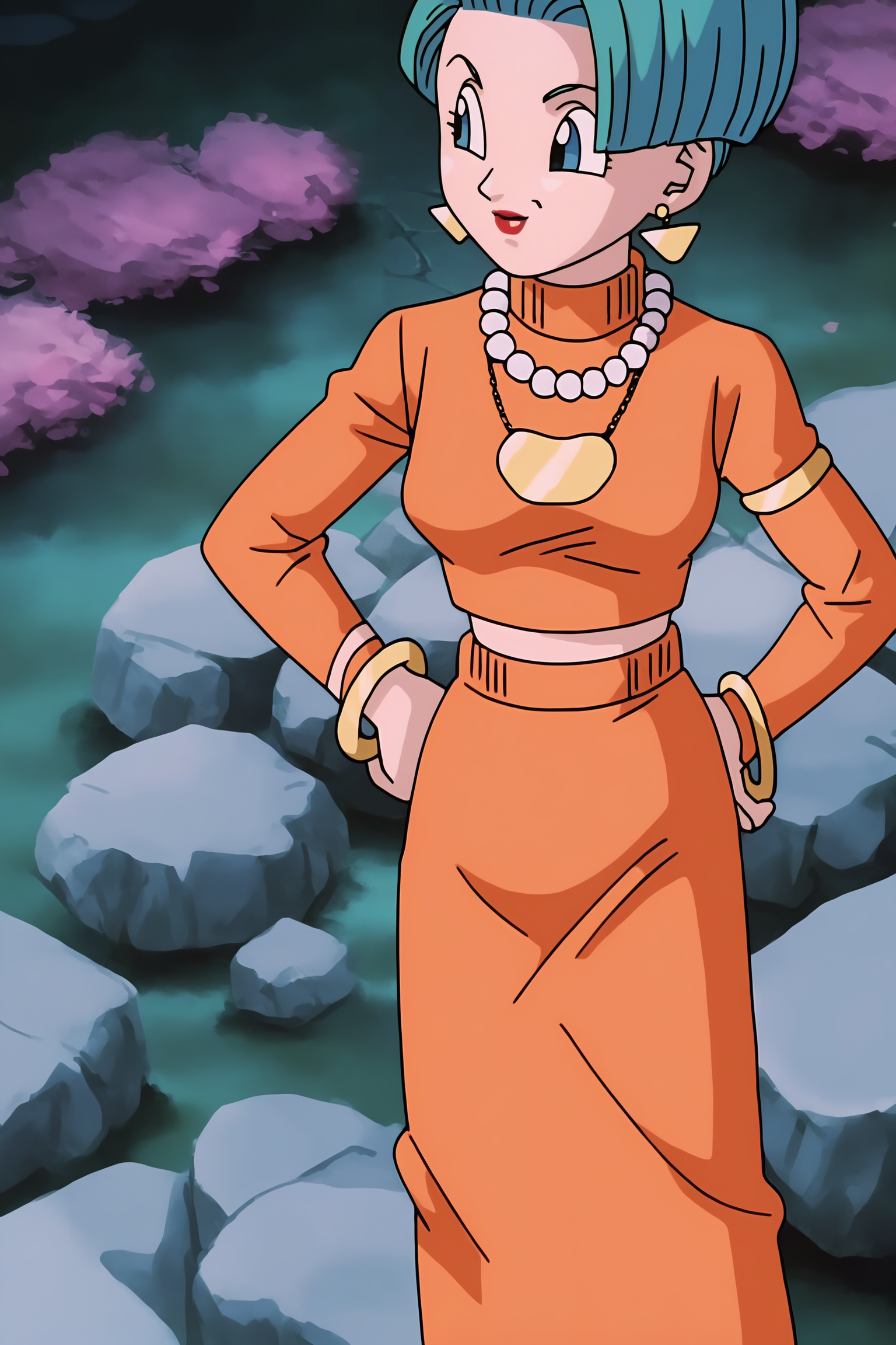 source_anime, score_9, score_8_up, score_7_up, anime screencap, absurd res,
bulma, gt, gt casual outfit, official style, mature female, 1girl, solo, short hair, blue eyes, aqua hair, earrings, necklace, hands on hips, rock, turtleneck sweater, raised eyebrows, pearl necklace, orange sweater, orange skirt, looking at another, looking to the side, long sleeves, long skirt, midriff, from above, lipstick, red lips, bracelet, armband, cowboy shot, outdoors, day
 <lora:DB_Bulma_v2-000046:0.8>
