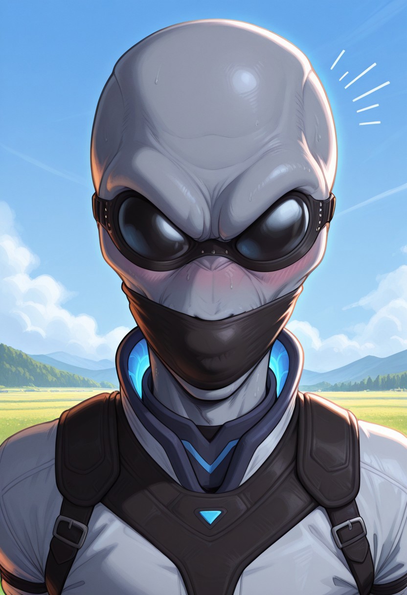 masterpiece, best quality, amazing quality, very aesthetic, dynamic lighting, absurdres, newest, 1boy, solo, crypto, 1boy, male, solo, alien, grey alien, leather blindfold, mature male, embarrased expression, outdoors, muscular, farmstead,over the mouth gag, close up on upper half, portrait, w0lfc0nf, blushing, arms tied behind back, harness,