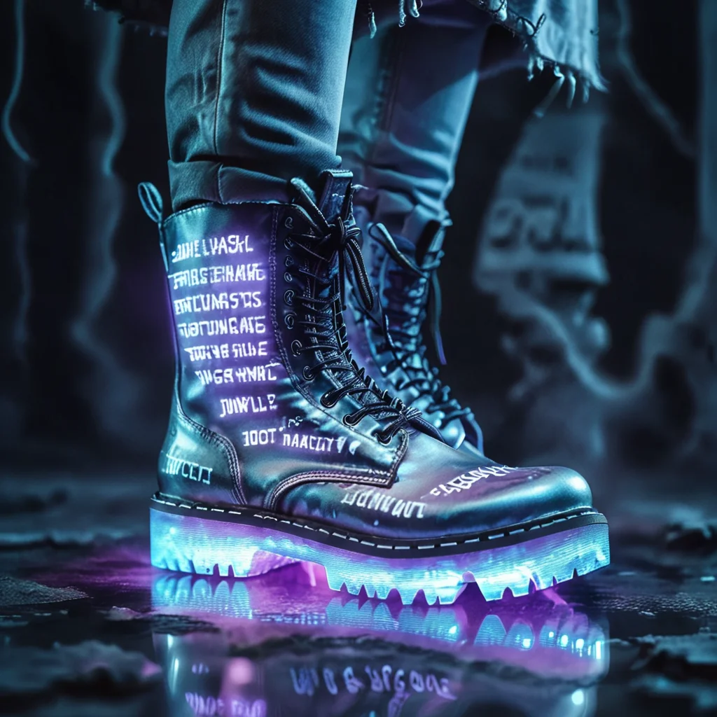 This photograph showcases a stylish, high-quality, neon-lit combat boot with futuristic font ancient text texture on it, primarily in a metallic silver color, standing on a reflective, polished surface. The boot features a rugged, distressed leather texture with a slightly worn-in appearance, indicating it's been used. The laces are black and tied in a classic, secure manner.,
<lora:glowing_letters_xl:0.8>