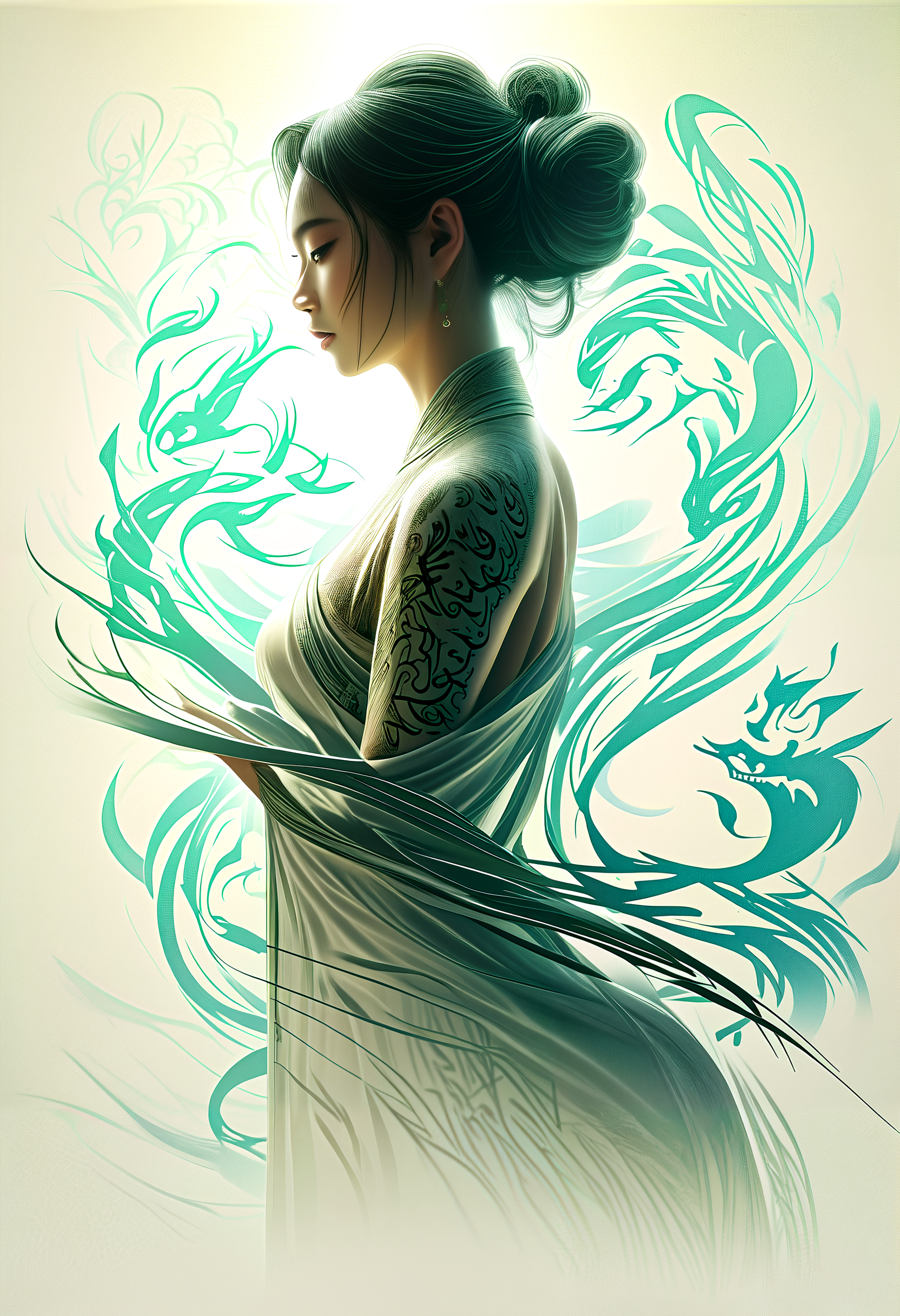 Double Exposure Style,Volumetric Lighting,a girl with Wrap top,arching her back,Traditional Attire,Artistic Calligraphy and Ink,light depth,dramatic atmospheric lighting,Volumetric Lighting,double image ghost effect,image combination,double exposure style, background lightly brushed with the image of a Chinese dragon
