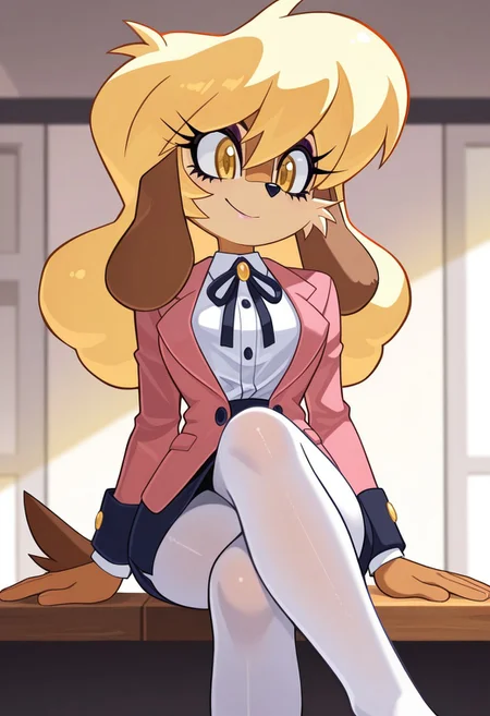 1girl, solo, <lora:Candleyy:1> candleyy, sitting, cross-legged, energetic chuckle, bright expression, lively pose,
1girl, furry, franchesca \(greycatr\), poodle, blonde hair, dark pink mascara, yellow eyes, light brown fur, brown fur ears with blonde tuft on ends, brown tail with blonde puffball on end, receptionist outfit, button-up shirt, short blazer, skirt, white pantyhose, neck ribbon, extremely detailed, highres, masterpiece, best quality