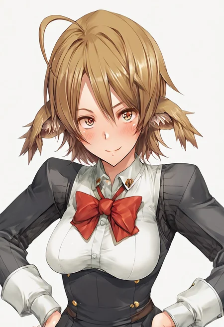 score_9, score_8_up, score_7_up, score_6_up, score_5_up, score_4_up, BREAK, <lora:cmarket0826-sdxl-000028:1>, noa riads, 1girl, solo, breasts, blush, smile, short hair, simple background, brown hair, long sleeves, fluffy tail, ahoge, animal ears, dog ears, medium breasts, swept bangs
shiny skin, school uniform, red bowtie, white shirt, black skirt, hands on hips, frown, blush, looking at viewer,
upper body, Eye focus
fr0nt1nn0c3ntStyl3, Style: Front Innocent,