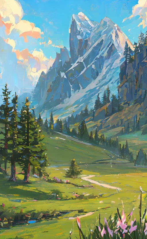 Conceptart,Concept Art,Samia, tree, scenery, cloud, outdoors, sky, day, mountain, grass, nature, mksks style, best quality, perfect