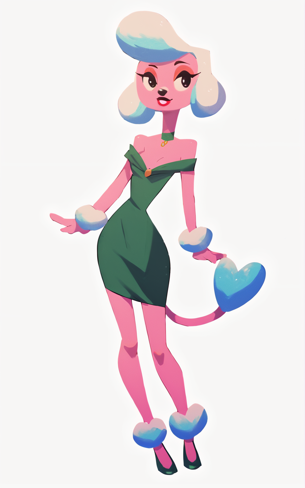 score_9, score_8_up, score_7_up,((best quality)), absurdres,((full body)),  <lora:3d-2d:0.8>, <lora:MarieHKPXL:1>,MarieHKPXL,dress, green dress, bare shoulders, white hair, tail, black eyes, choker,white background, animal nose,slim, short dress, pink skin, lipstick, makeup, green footwear,pompadour