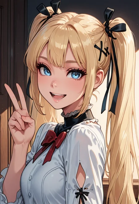 masterpiece, best quality, 1girl, solo, eyelashes, (beautiful eyes), <lora:MarieRoseIXL_v2:1.0>, zzMarie, blue eyes, blonde hair, hair ornament, hair ribbon, long hair, twintails, very long hair, x hair ornament, (upper body), white shirt, smile, teeth, :D, v,