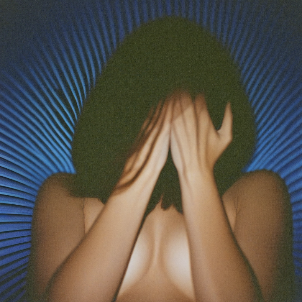 Dre_style, a close shot of a naked female in the on the tube covering her face for her photo,shy , hair covering her breast,35mm ,film grain, blue light,blue theme,blue hour
