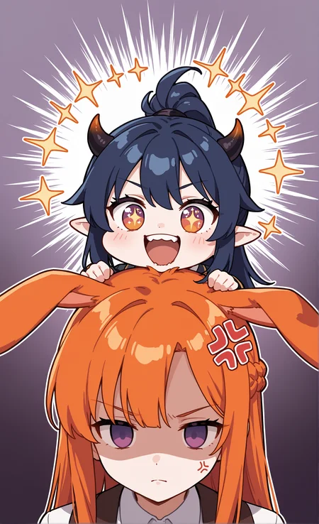masterpiece, sharp detail, intricate detail, 2girls, happy, (chibi:1.2), sparkling eyes, bite, teeth, dark blue hair, orange tips, vivid orange eyes, ponytail, demon horns, pointy ears, <lora:nineface-chibi-noob1-5:0.7>
2girls, biting another head, serious, empty eyes, anger vein, french braid, long hair, purple eyes, orange hair, straight hair, orange rabbit ears, shaded face,