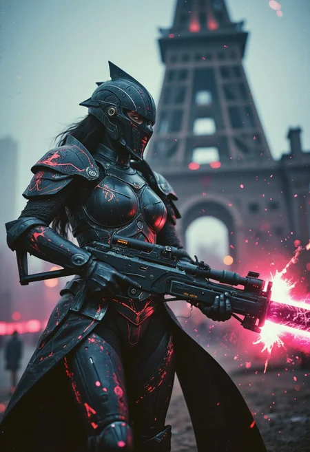 A powerful and enigmatic female sci-fi knight stands in the midst of a chaotic battlefield, her presence commanding attention with an otherworldly grace. She is clad in intricately designed, futuristic armor that merges sleek, high-tech elements with the ornate elegance of Neo-Renaissance style. Her armor gleams in the dim light, adorned with filigree patterns and glowing accents, a fusion of ancient artistry and advanced technology. She wields a massive energy weapon—a fusion of a sword and a rifle—pulsing with dark turquoise and pink energy, its glow casting eerie, high-contrast shadows across her armor.
Her helmet, sculpted like a modern version of a Renaissance visor, reveals only her piercing eyes, which burn with determination and mystery. The weapon crackles with raw power, gathering energy for a devastating attack, as dust and debris swirl around her in slow motion, captured in a cinematic, grainy analog style. The dim glow from the weapon illuminates the complex details of her battle-worn armor, creating a stark contrast between light and shadow.
Behind her rises a towering, obsidian cyberpunk structure, adorned with neon lights that flicker through the atmospheric haze. The cityscape is a fusion of the classical and the futuristic, where organic and mechanical elements coexist. The low angle of the shot emphasizes her dominance and the towering architecture behind her, evoking a sense of grandeur and timelessness.