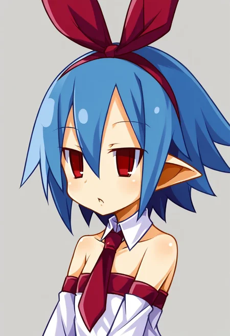 pleinair (disgaea), 1girl, solo, blue hair, short hair, pointy ears, ribbon, necktie, red eyes, rabbit, detached sleeves, hair ribbon, dress, thighhighs, white thighhighs, boots, simple background, upper body