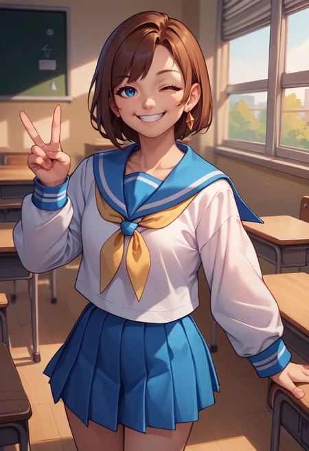 score_9, score_8_up, score_7_up, source_anime, solo, 1girl, trucy wright, smile, looking at viewer, v, one eye closed, serafuku, white shirt, blue sailor collar, yellow neckerchief, long sleeves, blue skirt, pleated skirt, earrings, indoors, classroom <lora:aa_trucywright_ponyXL:1>