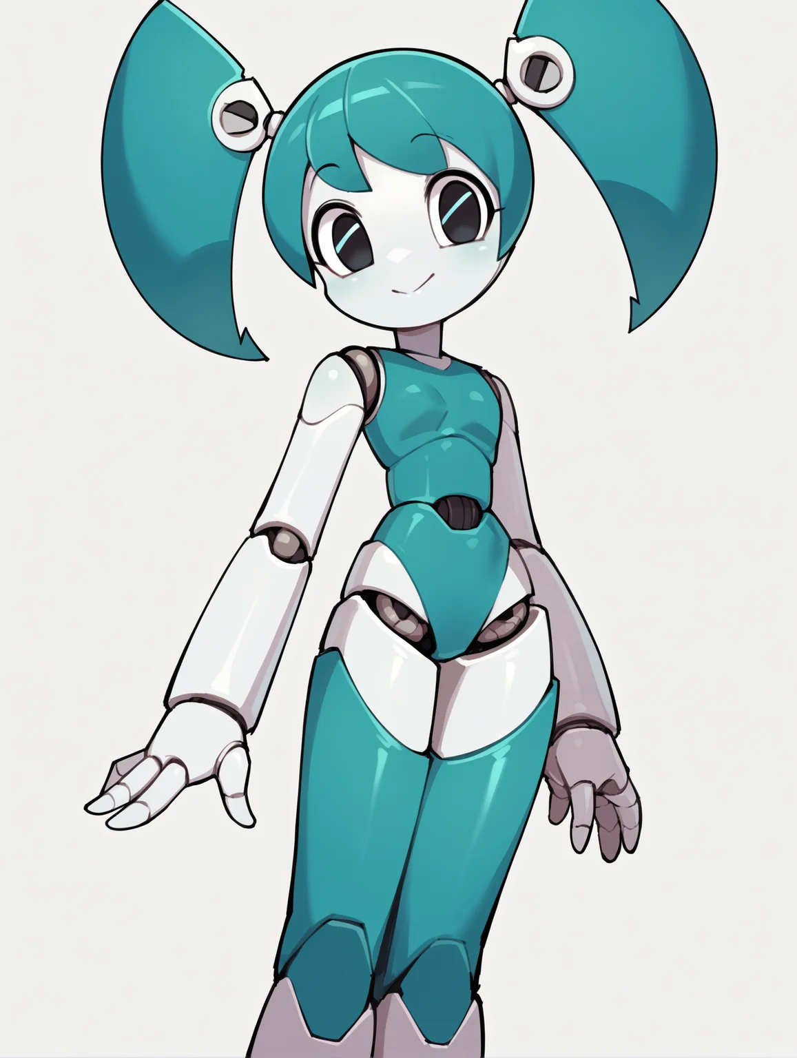 score_9, score_8_up, score_7_up, score_6_up, score_5_up, score_4_up, source_anime, BREAK
(1girl, solo:1.2), simple background, <lora:XJ-9:0.8> xj9, robot girl, robot joints, android, joints, twintails, aqua hair ,black eyes, colored skin, white skin, looking at viewer, bolt,