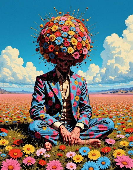 In the center of a vast, surreal landscape sits a figure, their body clothed in an elaborate, floral-patterned suit, textured as though sculpted from clay. Instead of a head, their form is crowned by a dense, spherical cluster of multicolored flowers, each petal sculpted with unnerving precision. The field beneath and surrounding them is a sea of identical, vivid flowers, stretching into an infinite horizon, creating a disorienting, dreamlike repetition. The sky above is unnaturally still, with pristine, cloud-like formations that feel staged against the otherwise psychedelic backdrop. The figureâs stillness, paired with the overwhelming floral patterns, evokes a sense of deep unease, as if this vibrant garden world is part of a never-ending DMT-inspired loop where the boundaries of individuality and nature dissolve into a kaleidoscopic fever dream, <lora:models\Flux\Comic book V2:1.5> in style of comic book,,