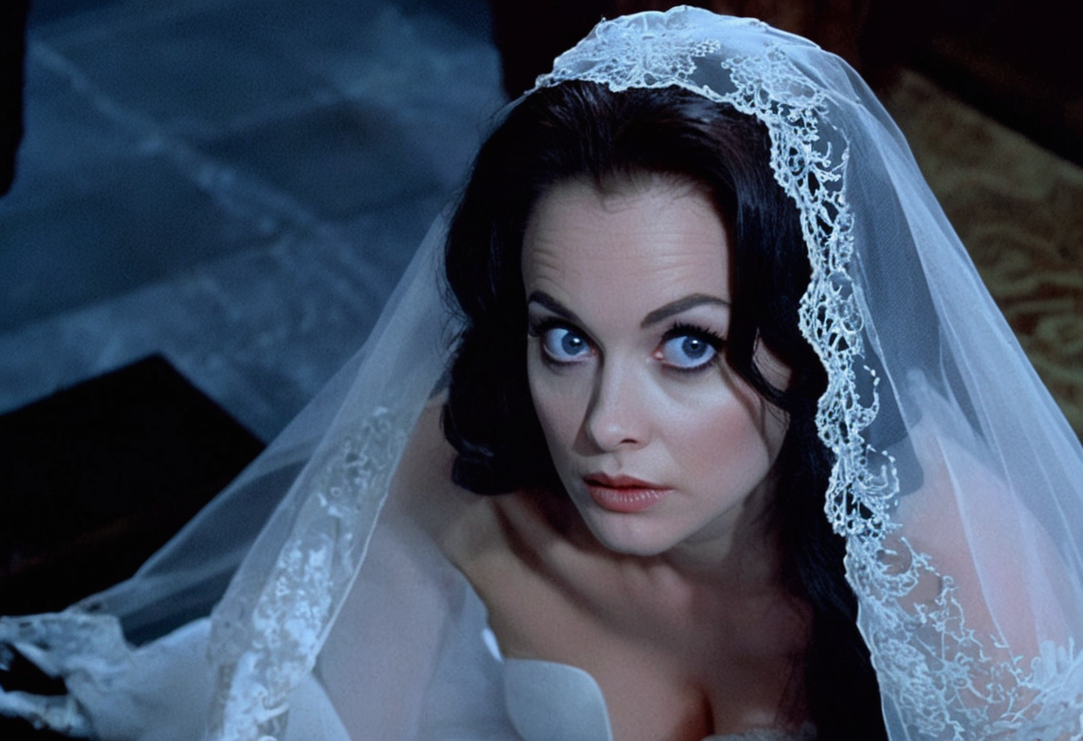 cinematic frame (close-up face:1.2) of a bride kneeling, face focus, from above, white lace veil, blue eyes, blank facial expression, detailed skin, photorealistic, soft light, creepy atmosphere, style of gothic horror films <lora:h4mm3r:0.8>