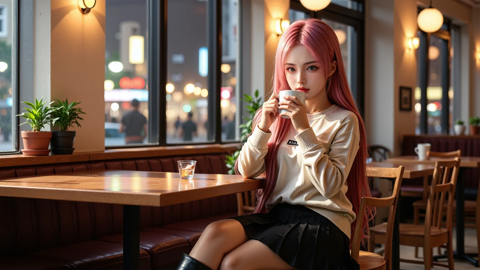 A stylish20-year-old girl with long pink hair and green eyes sits comfortably in a modern cafÃ©,wearing a cream-colored sweater,a black pleated skirt,and elegant knee-high black boots. Holding a hot cup of coffee,she gently blows on it while smiling softly. The cafÃ©âs warm ambient lighting creates a cozy atmosphere,with wooden tables,potted plants,and soft jazz music playing in the background. Large windows reveal the bustling city outside,with neon lights reflecting off the glass. Realistic photography style,cinematic lighting,soft-focus background,warm and cool tone contrast.,
<lora:yuukananri-base-02-flux:0.8>,yuukananri,she has a slender physique and a petite build,
