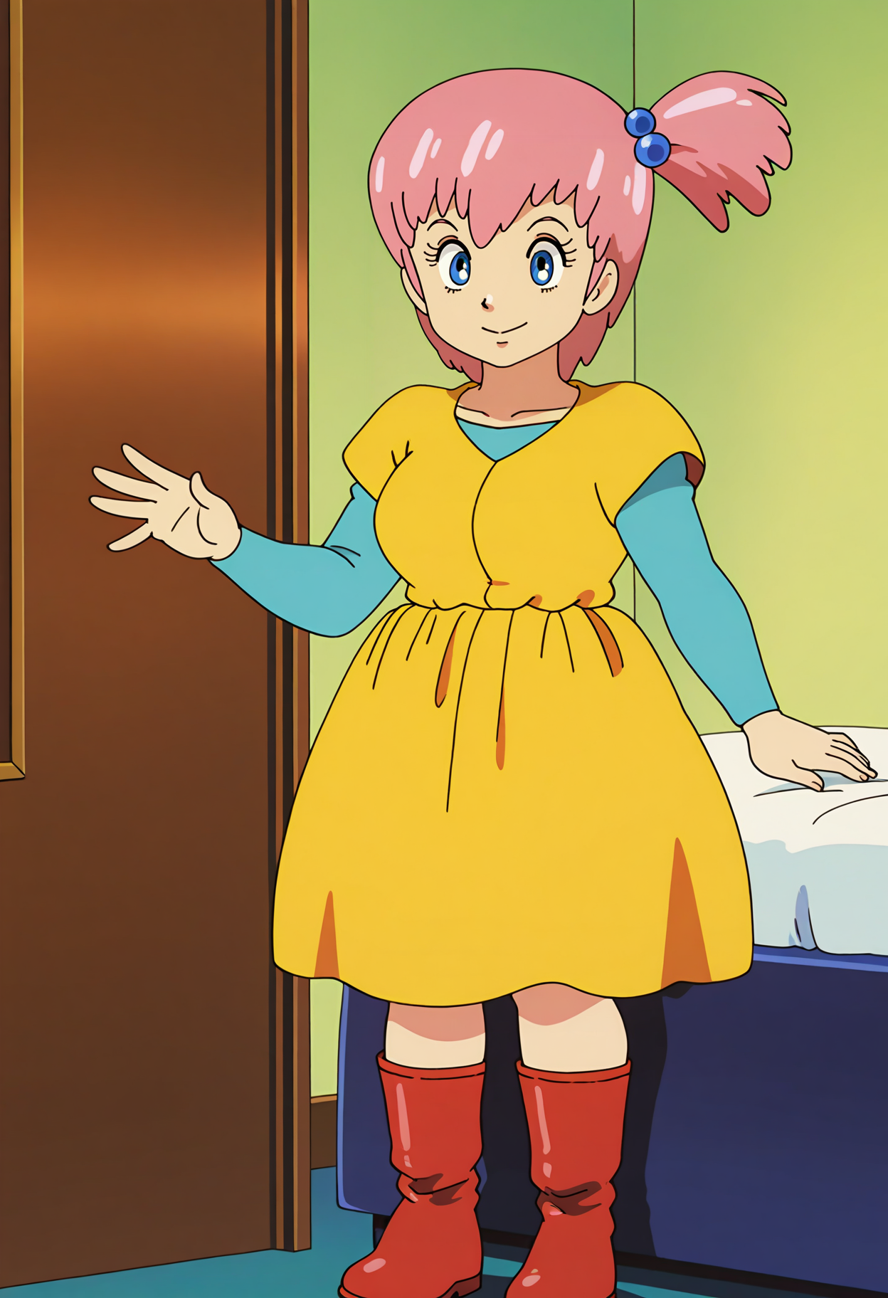 best hands, 5 fingers, perfect hand, <lora:Vifam Lucina_IL1.2:1>mature female, large breasts,
Vifam Lucina, anime-style, 1girl, solo, high side ponytail, short ponytail tied to right side, blue Hair ties, pink hair, blue eyes, smile, closed mouth, Long sleeve, yellow dress, Red short bootsã
indoors,  bedroom,