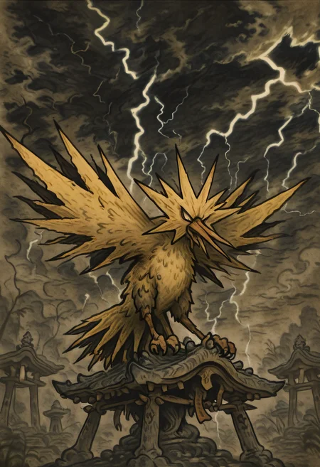 masterpiece, best quality,     y0k4i, <lora:YokaiPokedex_IXL:1.0>,    zzZapdos, lightning, shrine, sitting,   ,<lora:ZapdosPokedex_IXL_v1:1.0>,