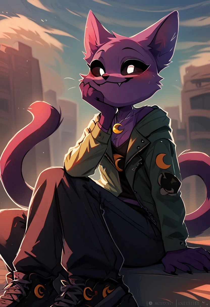 source_furry, score_9, score_8_up, score_7_up,( best quality:1.2), high quality, good anatomy, high res, nice shading, masterpiece, catnap, poppy_playtime, furry female, furry, solo, black sclera, white eyes, long tail, cute, seductive, smug, yellow crescent-shaped necklace, flat breast, jacket, tshirt, pants, outdoor, sit