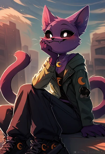 source_furry, score_9, score_8_up, score_7_up,( best quality:1.2), high quality, good anatomy, high res, nice shading, masterpiece, catnap, poppy_playtime, furry female, furry, solo, black sclera, white eyes, long tail, cute, seductive, smug, yellow crescent-shaped necklace, flat breast, jacket, tshirt, pants, outdoor, sit