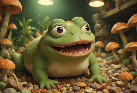 cinematic, sense of scale, 1 large stoned pepe_frog+chonkasaurus, psychedelic shroomroom, <lora:chonkasaurus-000003:1>, <lora:add-detail-xl:2>