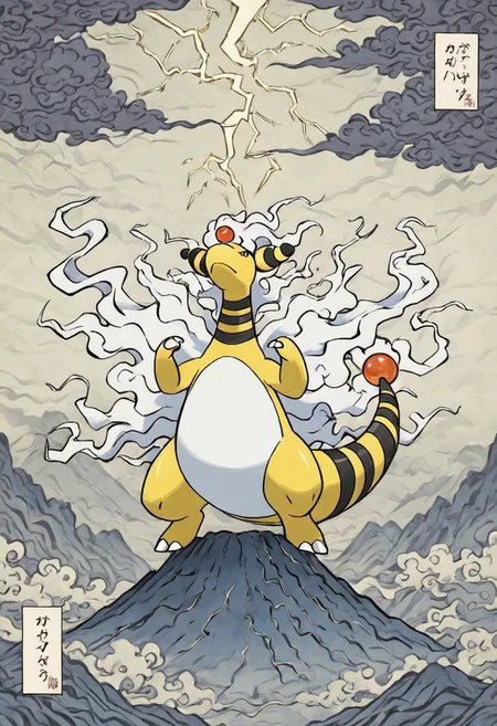 pokemon (creature), mega ampharos, style, thick lines, outline, no humans, electric dragon, flowing white mane, glowing orbs, stormy skies, mountain peak, proud stance, lightning strikes in background, solo, ancient power, dramatic lighting