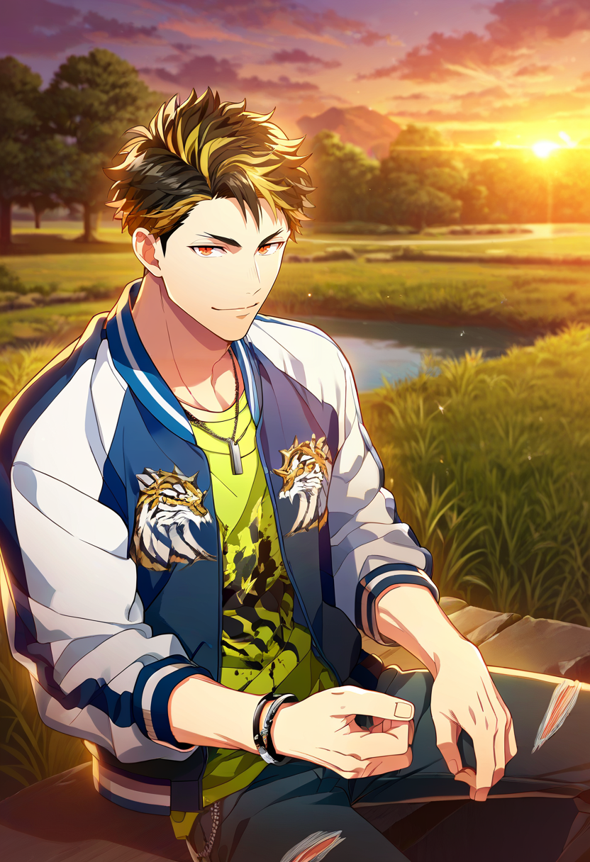1boy, male focus, solo focus,
  <lora:Character - Wind Boys - Reito Tsuji:1> reitotsuji, black hair, multicolored hair, red eyes, bracelet, necklace,
((zPDXL)), score_9_up, score_8_up, score_7_up, score_6_up, score_5_up, score_4_up, best quality, amazing quality, best aesthetic, absurdres, year2023, uncensored, nsfw, official art, official style, depth of field, detailed eye,
outdoors, sitting, riverbank, looking at viewer, sunset,
necklace, bracelet, blazer, letterman jacket,