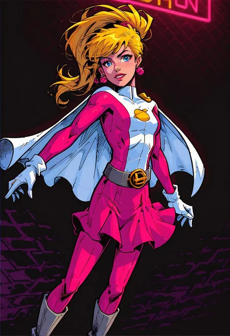 1girl, score_9, score_8_up, score_7_up, western cartoon, pale skin, blonde hair, long hair, ponytail, pink earrings, gold legion ring, blue eyes, grey belt, gold L* on belt, white gloves, white boots, gold Saturn emblem on chest, suit1, pink skirt, white cape, short cape, grungy city, street, cute face, young, neon lighting, very detailed, depth of field, cinematic illumination, volumetric lighting, full color picture, vibrant colors,