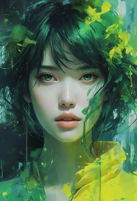 brutal dark monochrome color scheme, dark or moody setting, sense of depth and intrigue, digital brush strokes, computer graphics graphic illustration,
Render a holographic representation of a person's digital self, using a neon color palette of greens, yellows and blues
Art by Agnes Cecile, artgerm, art by Ayami Kojima, Hiroaki, aesthetics by Marika Kono, Toru Asakura. manga+style. Studio Ghibli Genshin Impact,Movie Poster,MoviePosterAF
