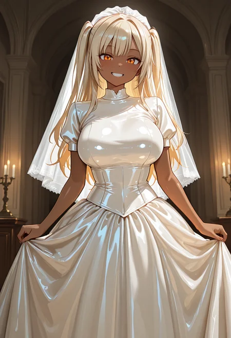 masterpiece,best quality,amazing quality, very aesthetic, ((outlined outlined vector graphics)), cute face, (glow eyes:0.5) , from front, looking at viewer ,beautiful scenery,
1girl,
20yo, large breast, orange eyes, (blonde hair:1.3),long hair, (two side up:1.1), (dark skin:1.2), dark skin girl, (tall:1.2), ,bangs
,
smile, grin , latex wedding dress,latex-wedding-dress, veil, wedding dress,short sleeve <lora:latex-wedding-il-01:0.8>