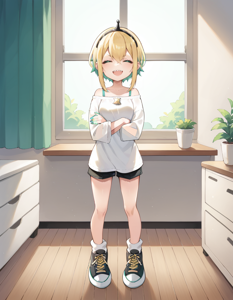 score_9, score_8_up, score_7_up, score_6_up, score_5_up, score_4_up, source_anime, BREAK 1girl, solo, indoors, full body, smile, crossed arms, closed eyes, smile,
<lora:Amano_Pikamee_Pony:1> amano_pikamee, sharp teeth, blonde hair, multicolored hair, off-shoulder shirt, black hairband, white shirt, two-tone hair, bright pupils, white pupils, collarbone, bangs, bare shoulders, green eyes, black shorts, hair between eyes, short hair, nail polish, aqua nails, wide sleeves, aqua hair, aqua eyes, spaghetti strap, white socks, sneakers,