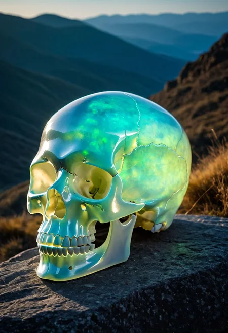 Fujifilm XT3, Sony A7 IV, (award winning photography) a translucent skull made of opal set on a stone ledge in the early morning light, glistening. in the background beautiful valleys, divine iridescent glowing, opalescent textures, volumetric light, ethereal, sparkling, light inside body, bioluminescence, studio photo, highly detailed, sharp focus (highest quality: 1.39) (highest coherency: 1.39) (award winning photography), highly detailed photography, (muted colors, cinematic, dim colors, soothing tones:1.2), vibrant, insanely detailed, hyperdetailed, (dark shot:1.2), (vsco:0.3), (intricate details:0.9), (hdr, hyperdetailed:1.2) (vignette), sss