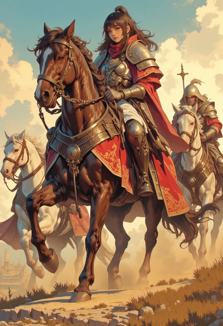 intricate linework with expressive contrasts, soft lighting with dynamic highlights, Impressionistic, ligne claire outlines for clarity and structure, In the style of ff-td, this digital artwork portrays a troupe of asian female fantasy knights, crimson plate armour, bangs, long hair with sidelocks and a high ponytail, riding galloping horses, with armour protecting their heads, across a dusty plain, golden hour, directional lighting