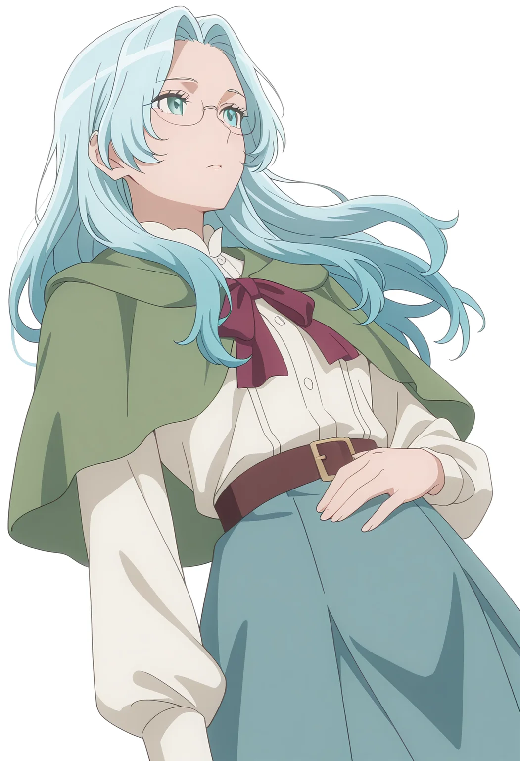 Smooth Quality,masterpiece, ultra realistic,
simple background, white background,
dynamic angle,0 0,hand on own stomach,
<lora:EvaLuria:0.8> Eva/Cnn, Sist2/Cnn, 1girl, glasses, long hair, blue hair,green capelet,glasses,