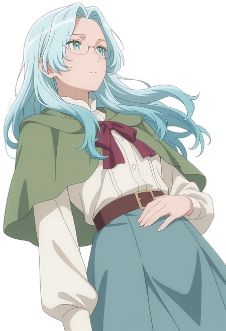 Smooth Quality,masterpiece, ultra realistic,
simple background, white background,
dynamic angle,0 0,hand on own stomach,
<lora:EvaLuria:0.8> Eva/Cnn, Sist2/Cnn, 1girl, glasses, long hair, blue hair,green capelet,glasses,