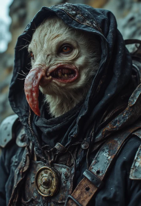 a highly detailed photo portraying a haunting undead mole in an extreme close-up. Cloaked in a dark cowl that nearly conceals its decayed, spectral face, the mole’s matted, pallid fur is rendered with an eerie realism that underscores its grotesque transformation. Its eyes, faintly aglow beneath the shroud, hint at a once-living spirit now twisted by decay. A masterful interplay of lighting intensifies the scene’s macabre atmosphere. Sparse, cold shafts of moonlight pierce the pervasive gloom, casting sharp, dramatic shadows that accentuate every textured detail of the creature’s deteriorating fur and the corroded, futuristic elements of its sci‑fi armor. This chiaroscuro effect not only highlights the subtle contours of its form but also creates an otherworldly ambiance, where each shadow seems to whisper secrets of the undead. Emerging from the mole’s withered form, numerous translucent earthworms writhe like parasitic tentacles. Their gelatinous bodies catch the scarce light, refracting it into soft, iridescent hues that contrast starkly with the surrounding darkness. The subtle glow of these spectral worms adds a surreal, almost hypnotic quality to the scene, as if they are the dark puppeteers controlling the creature from within. A light, misty fog blankets the background, further deepening the sense of desolation and despair.
