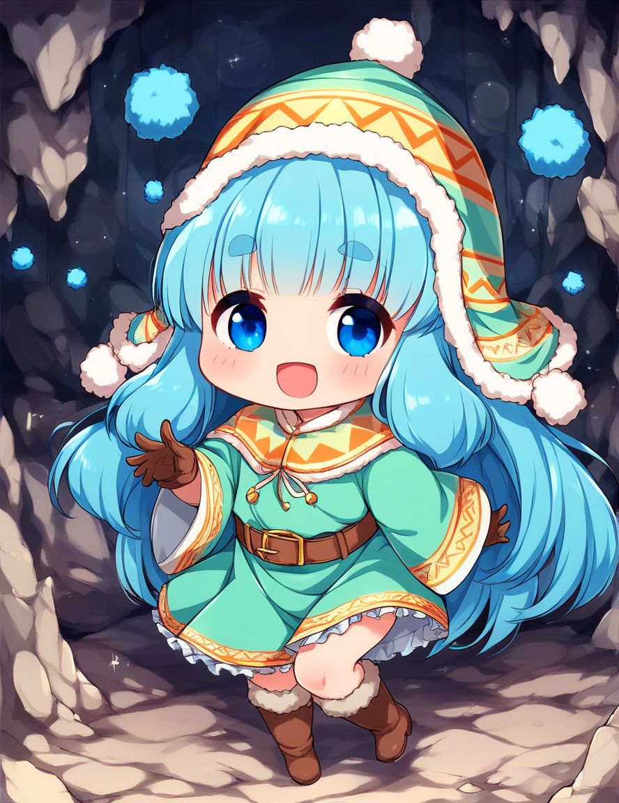 score_9, score_8_up, score_7_up, source_anime, rating_explicit, BREAK  <lora:Runemaster_XL:1>
runemaster, long hair, blue eyes,  bangs, very long hair, aqua hair, thick eyebrows, blue hair, chibi,
1girl, solo, smile, gloves, hat, full body,  dress, boots, pom pom (clothes), looking at viewer,  brown footwear, brown gloves, long sleeves, wide sleeves, green dress
cave,