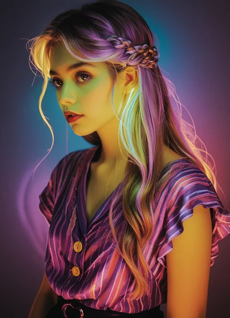 analog film photo anime artwork, grand photograph, Polaroid, surprised 28-year-old woman, (long glowing hair:1.1), canon 5d mark 4, neon light, kodak ektar, flamboyant, pastel colors, curved lines, elaborate detail, faded film, 35mm photo, grainy, vignette, vintage, Kodachrome, Lomography, stained, highly detailed, found footage (art by jc leyendecker:1.1) <lora:br1ghtXLP:0.7> multicolored <lora:43stl1ght1ngXLP2:0.7> 43stl1ght1ng, low light, dramatic lighting, darkness, neon, spotlight <lora:envyStarlight_v10:0.8> <lora:sss:0.8>