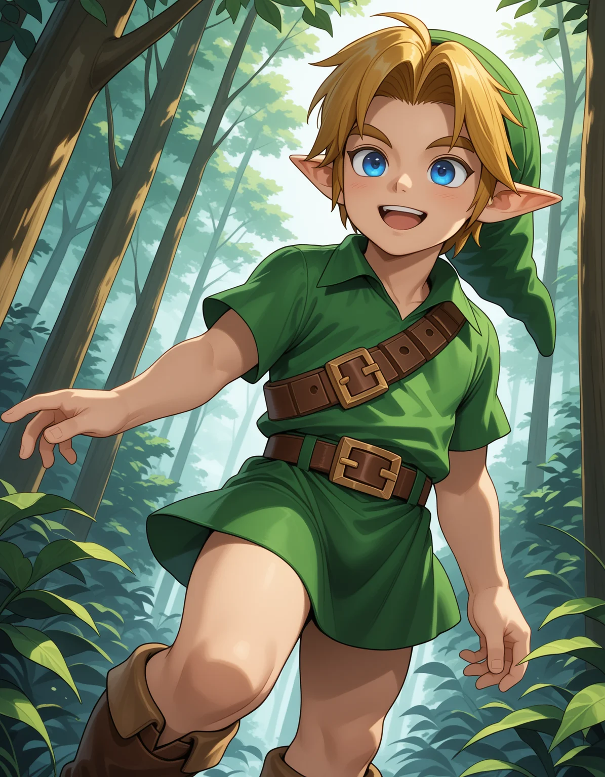 masterpiece,best quality,amazing quality
BREAK
ylink,,young link,solo, smile,open mouth, short hair, blue eyes, blonde hair,  1boy, hat, male focus, short sleeves, boots, pointy ears, belt, buckle,  green headwear, brown belt, green tunic,forest
BREAK
<lora:younglink_ill_896_1152_v2:1>