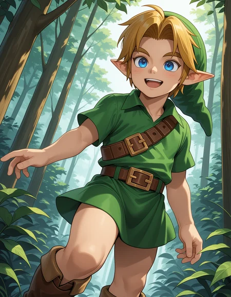 masterpiece,best quality,amazing quality
BREAK
ylink,,young link,solo, smile,open mouth, short hair, blue eyes, blonde hair,  1boy, hat, male focus, short sleeves, boots, pointy ears, belt, buckle,  green headwear, brown belt, green tunic,forest
BREAK
<lora:younglink_ill_896_1152_v2:1>