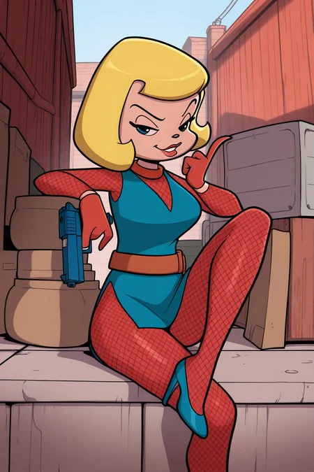 masterpiece, best quality, amazing quality, absurdres, solo, sirena seducy, blonde hair, blue eyes, half-closed eyes, smirk, holding gun, leaning back, sitting, knee up, teasing, pose, looking at viewer, blue dress, red fishnet gloves, brown belt, red fishnet pantyhose, blue high heels, outdoors, warehouse, sunny, day
