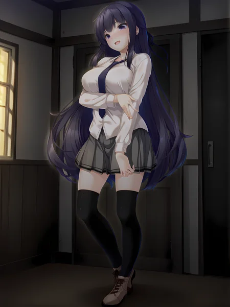 kagami,escude,white shirt,breasts,long hair,full body,large breasts,black hair,purple eyes,looking at viewer,very long hair,school clothes,black thighhighs,brown footwear,necktie,standing,indoors,blush,smile,looking down,open mouth,<lora:Kagami_Shura_-_Illustrious:1>,, masterpiece,best quality,amazing quality,