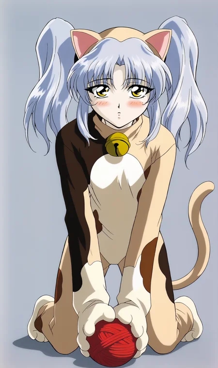 RH, 1girl, solo, silver hair twintails, yellow eyes, cat costume, cat ears, cat tail, neck bell, brown spots, kneeling, leaning forward, playing with ball yarn, blush, looking at viewer, <lora:Ruri Hoshino Pony XL:1>