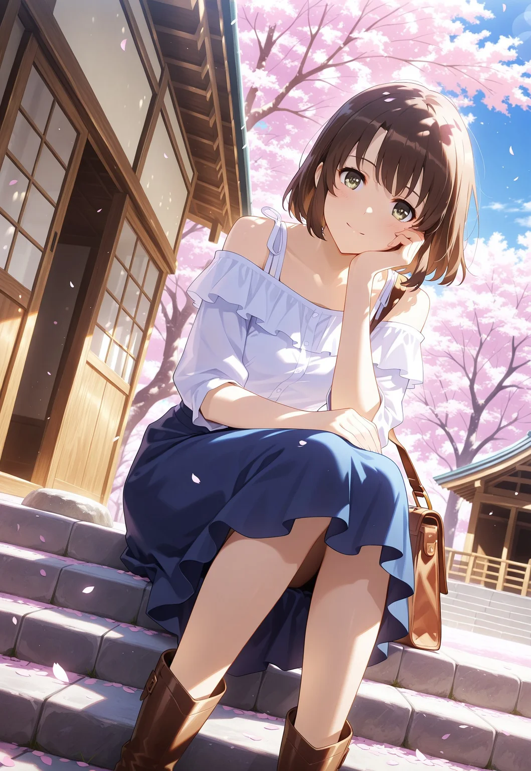(solo), 1girl, m3gum1kat0, bangs, brown hair,pupils,brown eyes,short hair, ((detailed eyes)),

safe_pos , dutch angle, cinematic framing, (digital painting:0.8), (aura:0.2), MythAn1m3, bokeh, (luminescent background:0.8), 

elegant, masterpiece, best quality, highly detailed, high contrast, dramatic shadows, raytracing, subsurface scattering,

sitting on stone steps, hand resting on cheek, gentle smile, off-shoulder white blouse, long flowing blue skirt, brown leather boots, brown shoulder bag beside, cherry blossoms tree, cherry blossom petals, traditional Japanese wooden house, bright blue sky, warm and serene atmosphere, springtime setting, looking at viewer,depth of field, simple background 