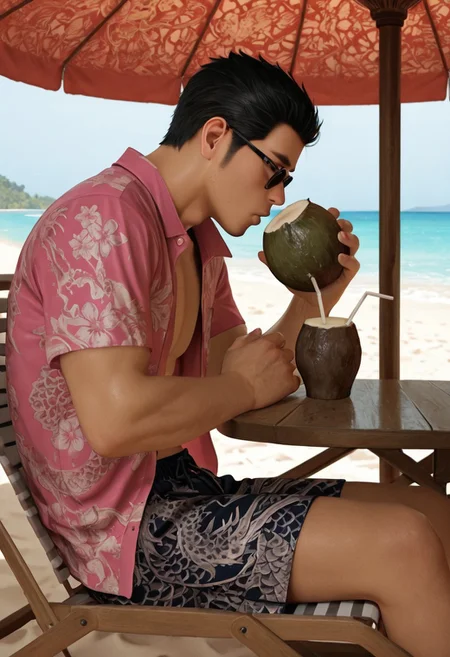 masterpiece, best quality, amazing quality, absurdres, newest, detailed background, definition so sharp, Ultra-HD, 8K cinematic, very awa, impressionate, amazing quality, highres, realistic,
solo, male focus, manly, day, sunbeam, beach chair, under umbrella, sunglasses, from side, table, drinking coconut, relaxing,
kiryuchan, kiryuchan_black hair, kiryuchan_black eyes, 1boy, solo, male focus, short hair, facial hair, sideburns, pink collared shirt, open shirt, dragon pattern on shirt, hawaii shorts, beach, wooden sandals