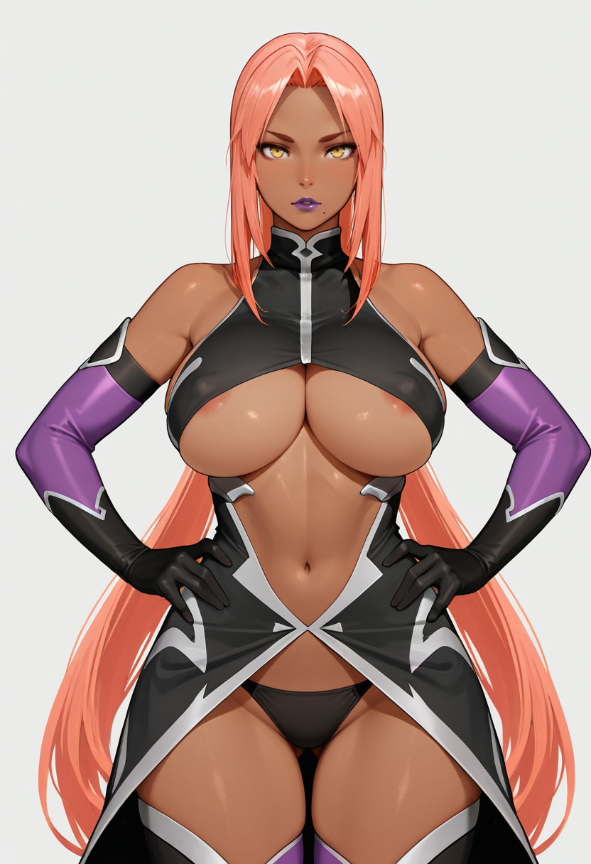 masterpiece, best quality,
1girl, cowboy shot, 
standing, hands on own hips, 
looking at viewer, 
<lora:Ingrid_SK:0.6> Ingrid_SK, dark-skinned female, pink hair, long hair, yellow eyes, purple lips, mole under mouth, dress, bare shoulders, navel, thighhighs, panties, black panties, underwear, elbow gloves, underboob, turtleneck, areola slip,
simple background, white background,