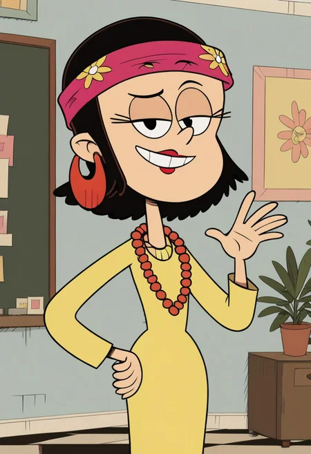 ((room background)),score_9, score_8_up, score_7_up,score_6_up, 
1girl, solo, Mrs.Salter_TLH, light skin, black eyes, shoulder long hair, black hair, red lips, pink headband with daisies, big red hoop earrings, light yellow dress, one red round bead necklace, brown flat shoes, tall, social smile, perfect eyes, perfect smile, looking at the viewer, standing (front pose, bust shot) five fingers, perfect hands, (hand on hip, hand up)