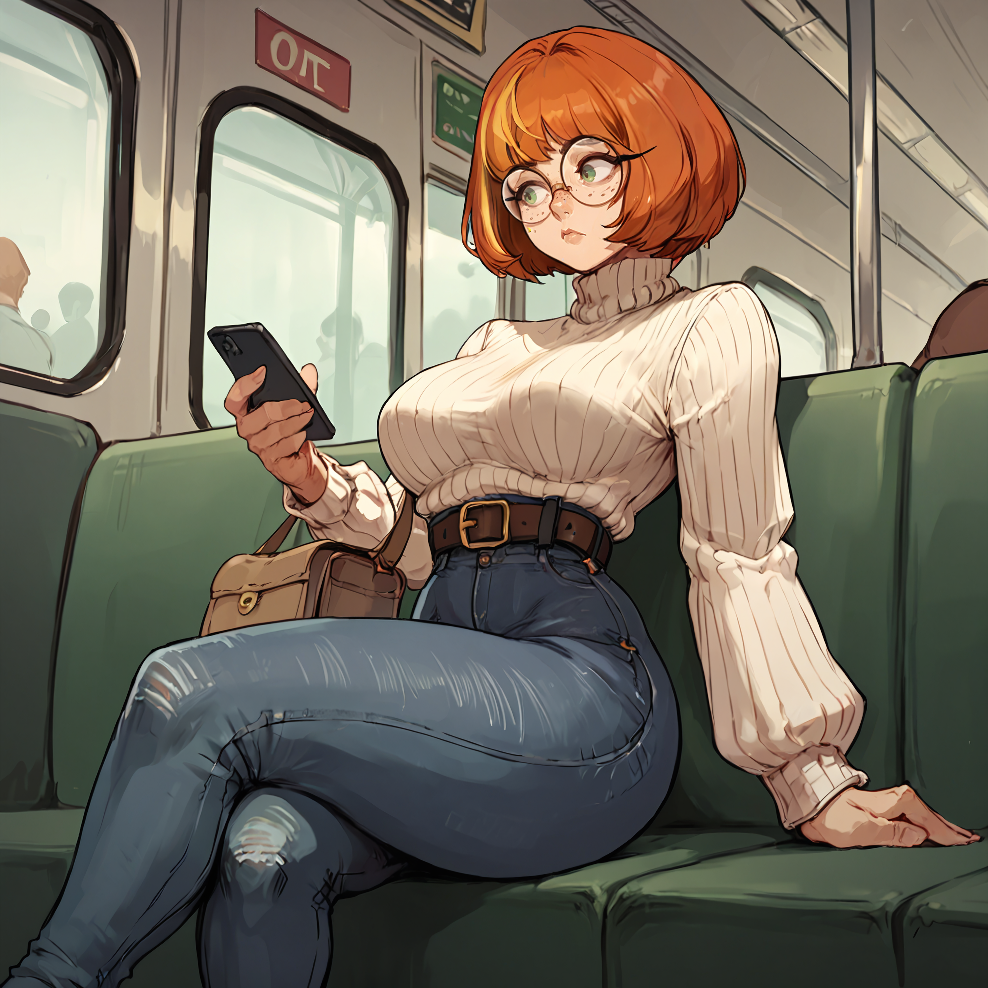 score_9, score_8_up, score_7_up, score_6_up BREAK 1girl,mature female,bob cut,bang,orange hair,streaked hair,crossed legs,freckles,green eyes,medium breasts,sweater,tight clothing,sitting,subway,looking at phone,high-waist jeans,bag,belt,round-frame glasses